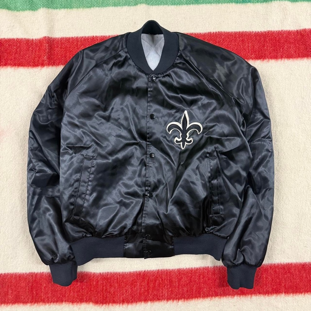 Vintage 90s New Orleans Saints Satin Football Jacket Black Fleur De Lis Mens M
